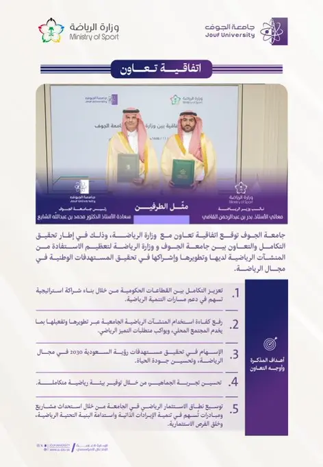 جامعة الجوف توقّع اتفاقية تعاون مع وزارة الرياضة لدعم تطوير المنشآت الرياضية
