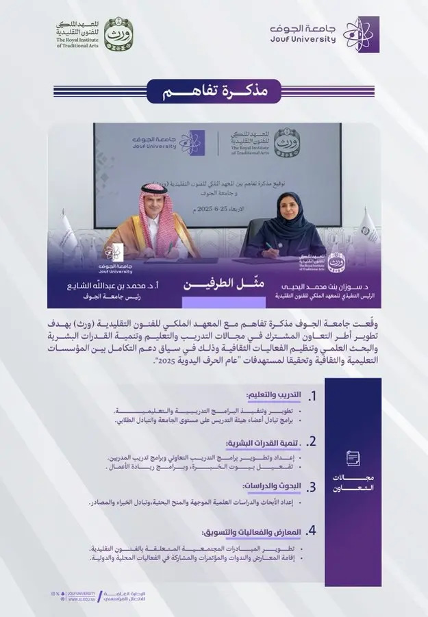 جامعة الجوف توقّع مذكرة تفاهم مع المعهد الملكي للفنون التقليدية «وِرث»