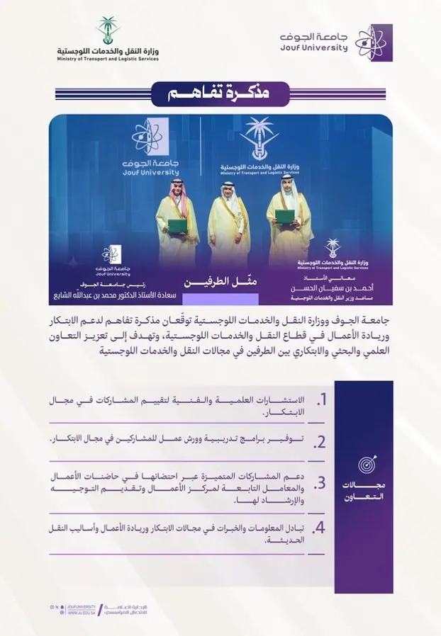 جامعة الجوف توقّع مذكرة تفاهم مع وزارة النقل لدعم الابتكار وريادة الأعمال