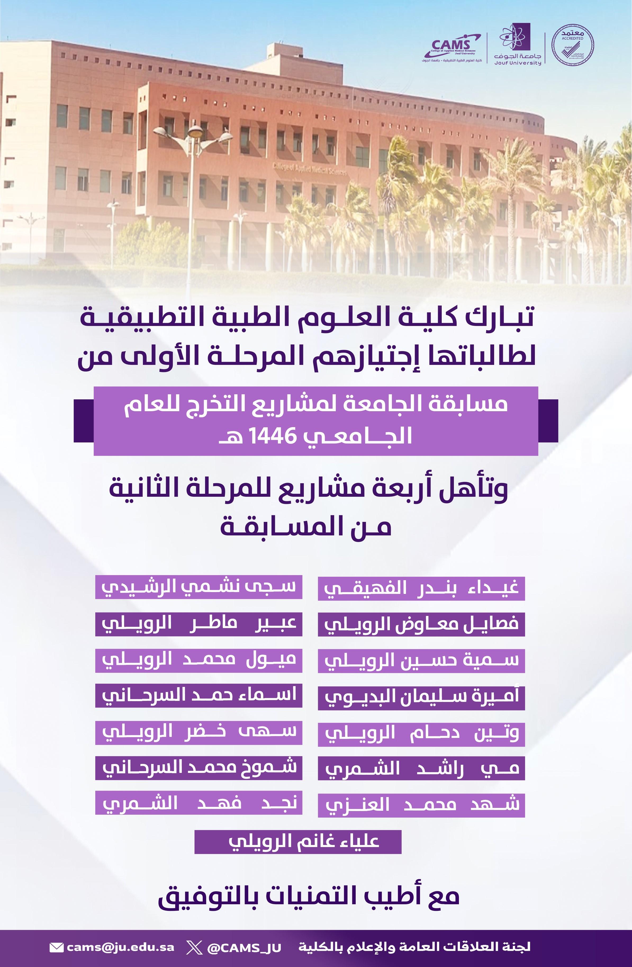 The college congratulates its students for passing the first stage of the university competition for graduation projects for the academic year 1446, and four projects qualified for the second stage of the competition