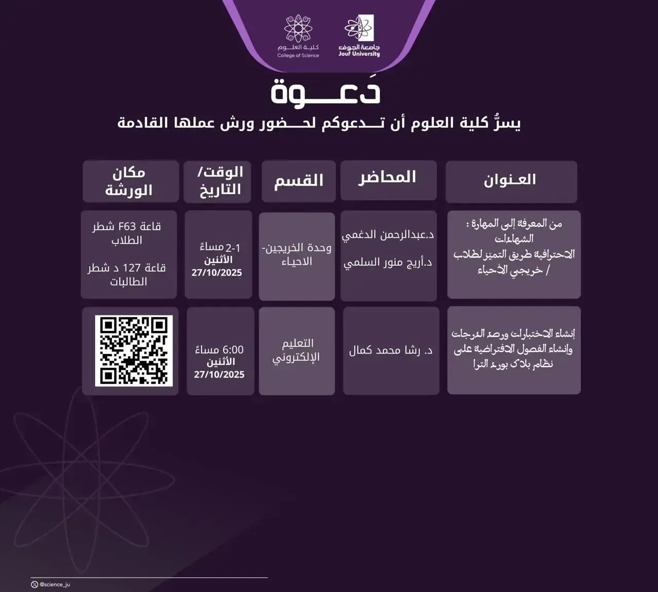 دعوة لحضور ورش عمل كلية العلوم