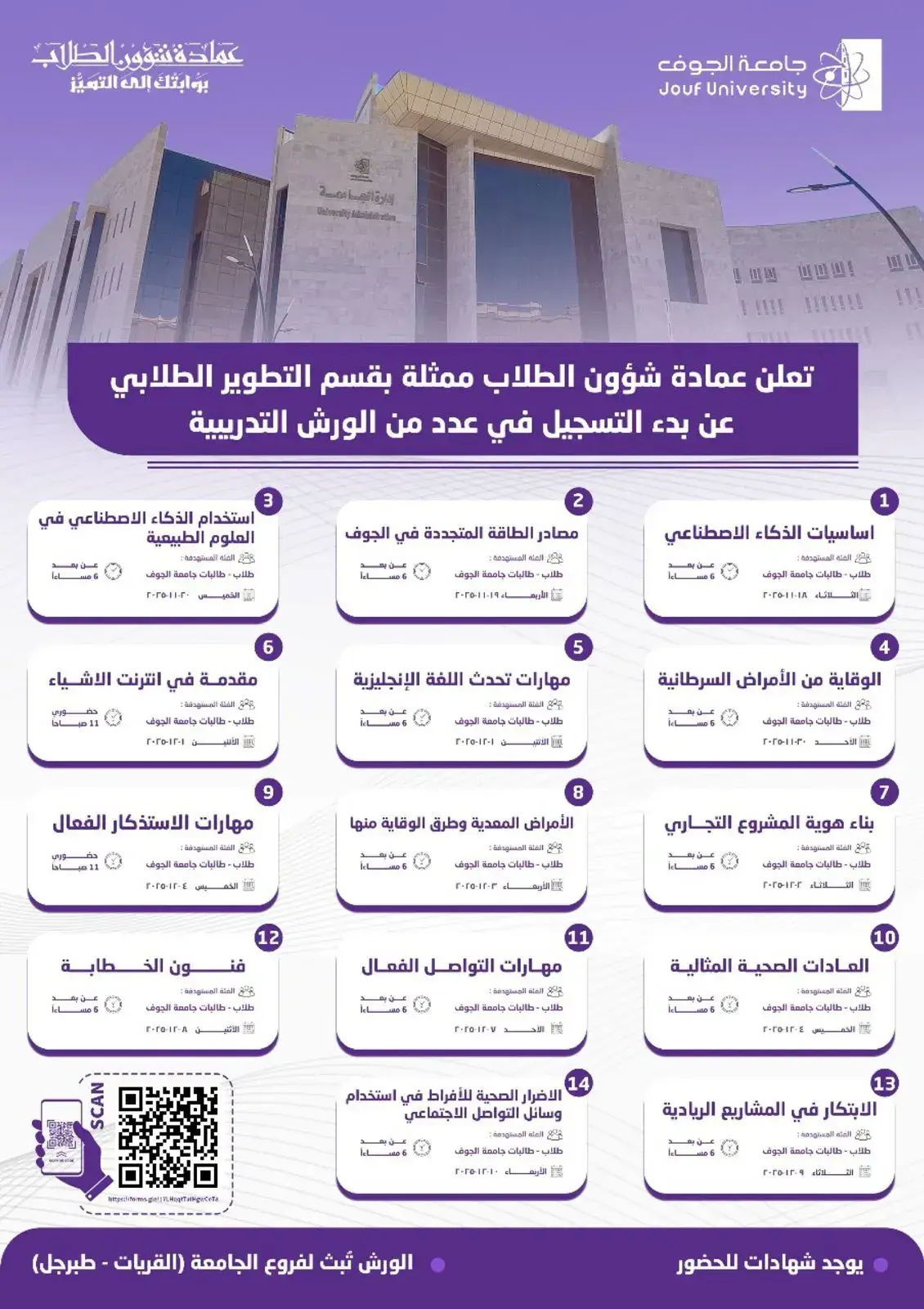 Announcement of training workshops in the Student Development Department