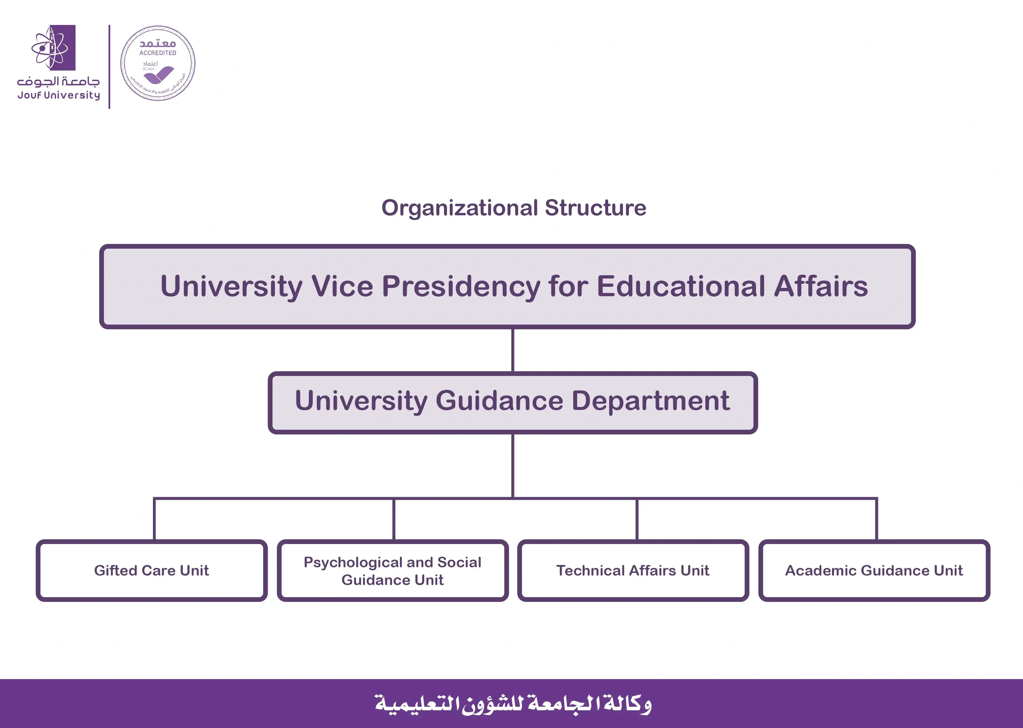 The organizational structure of the University Guidance Administration shows that it operates under the University Vice Presidency for Educational Affairs and includes four sub-units