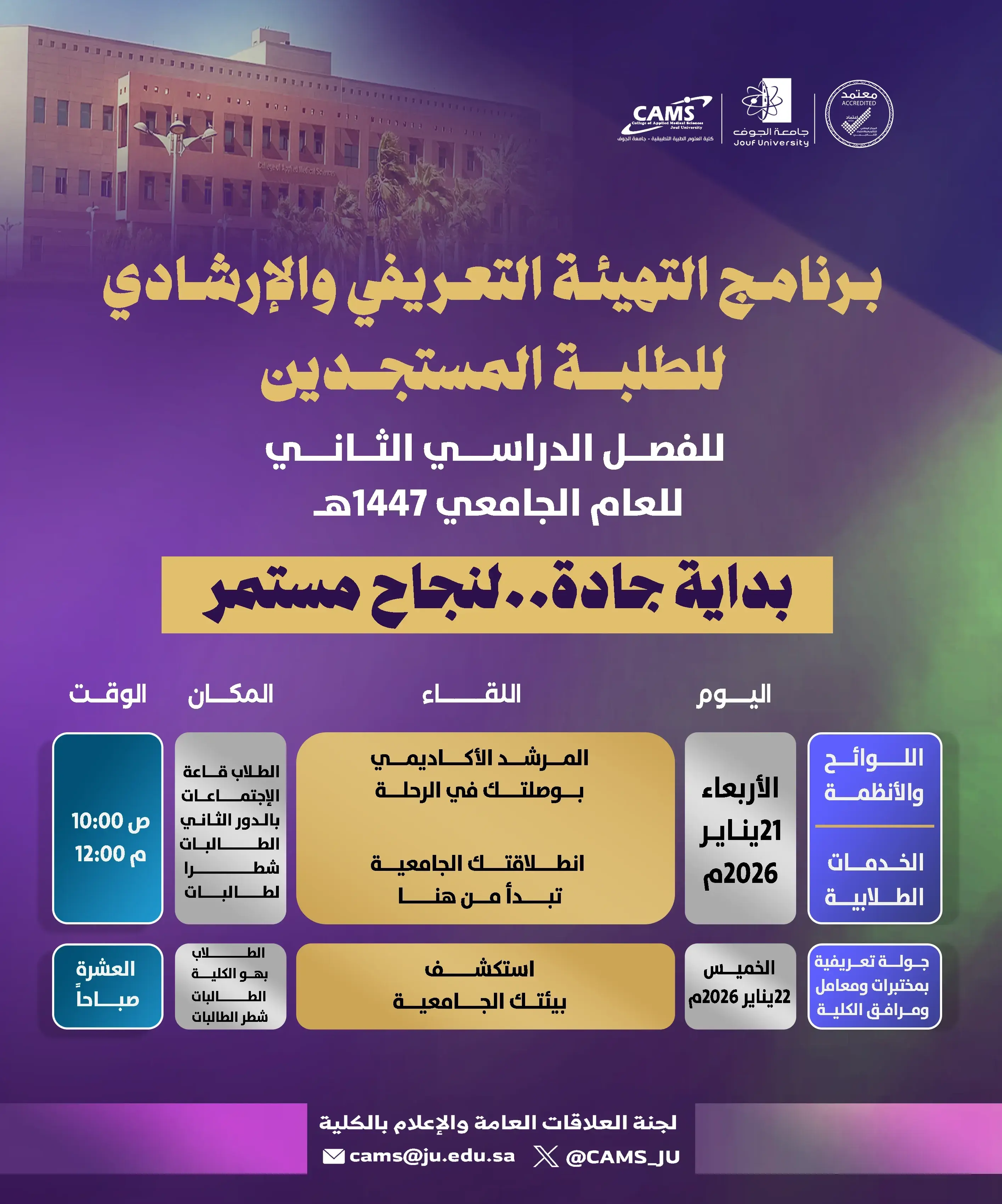The College of Applied Medical Sciences at Jouf University organizes the orientation and guidance program for new students for the second semester of the academic year 1447 AH