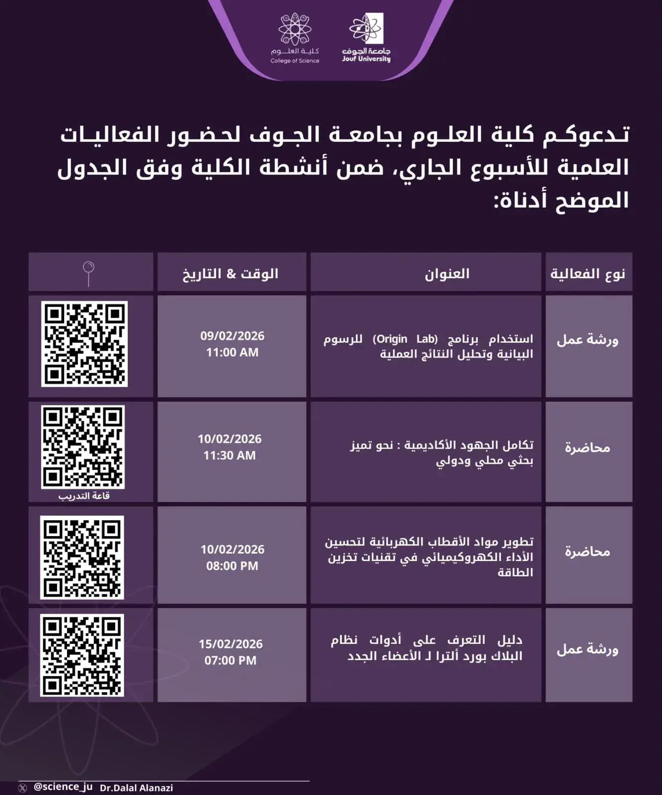 جدول فعاليات كلية العلوم – الأسبوع العلمي | فبراير 2026