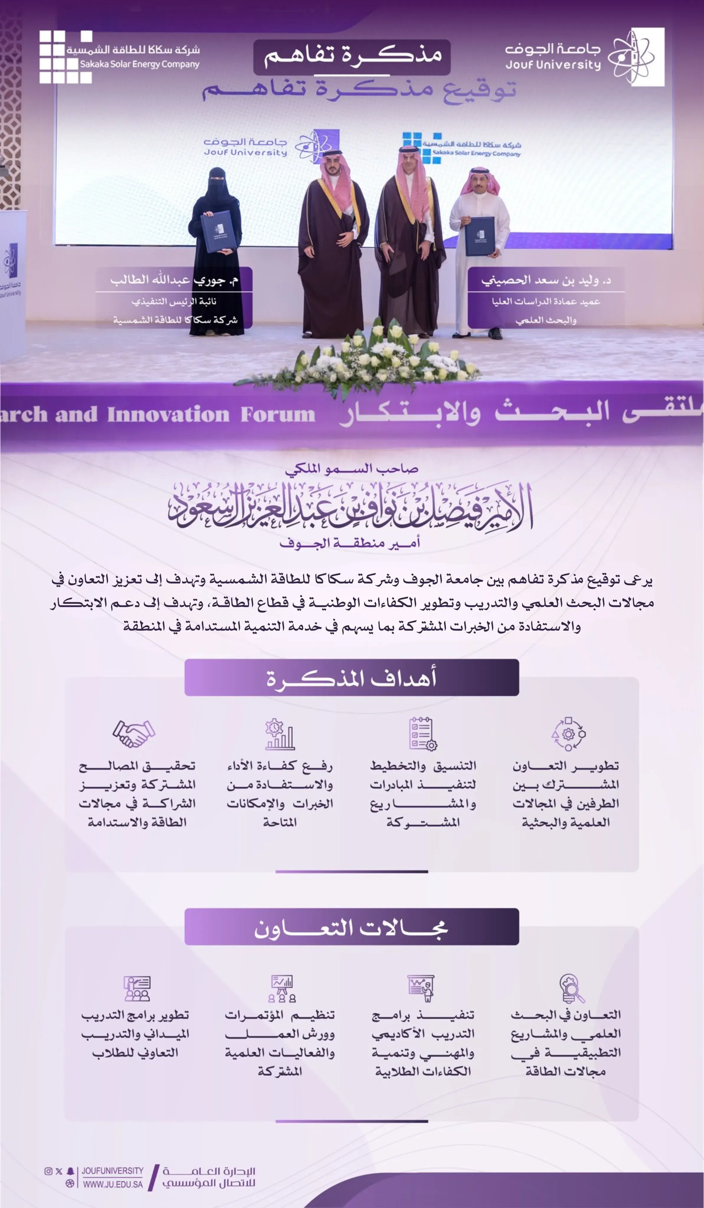 سمو أمير منطقة الجوف يرعى توقيع مذكرة تفاهم بين جامعة الجوف وشركة سكاكا للطاقة الشمسية