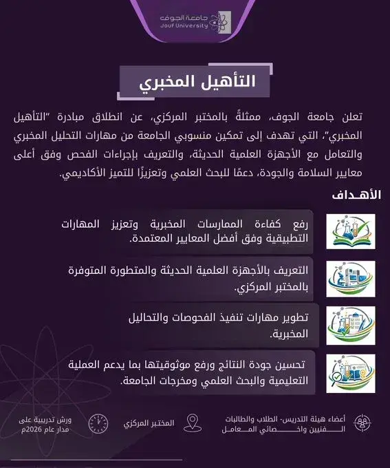 A formal announcement by the Vice Presidency for Graduate Studies and Scientific Research at Jouf University, represented by the Central Laboratory, launching the “Laboratory Qualification” initiative.  The initiative aims to train participants in using modern scientific equipment and introduce testing procedures according to the highest safety and quality standards.  The design features laboratory-related visuals and a formal layout reflecting the precision of scientific research.