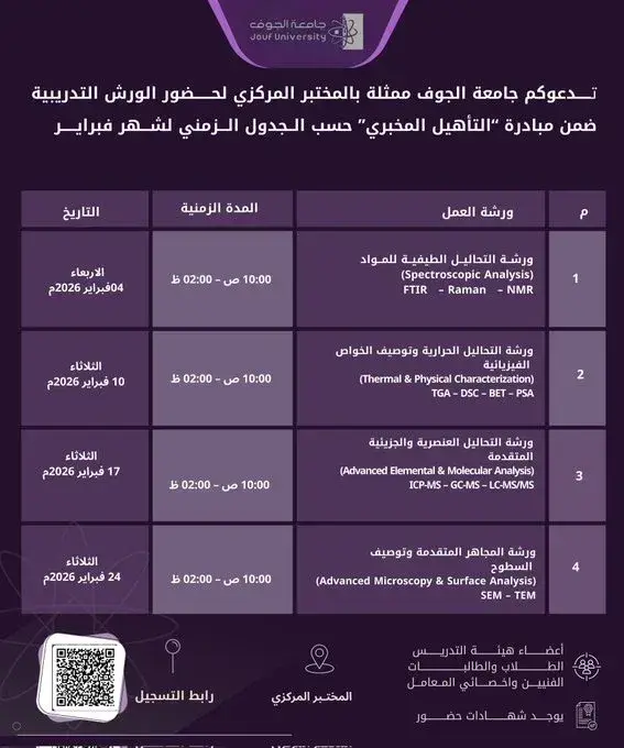 A promotional image featuring a QR code for training workshops under the “Laboratory Qualification” initiative, scheduled for February.