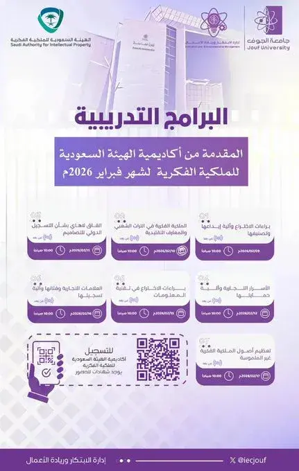 Invitation from Jouf University Vice Presidency for Graduate Studies and Scientific Research to attend intellectual property training programs in February 2026, including a QR code for registration.