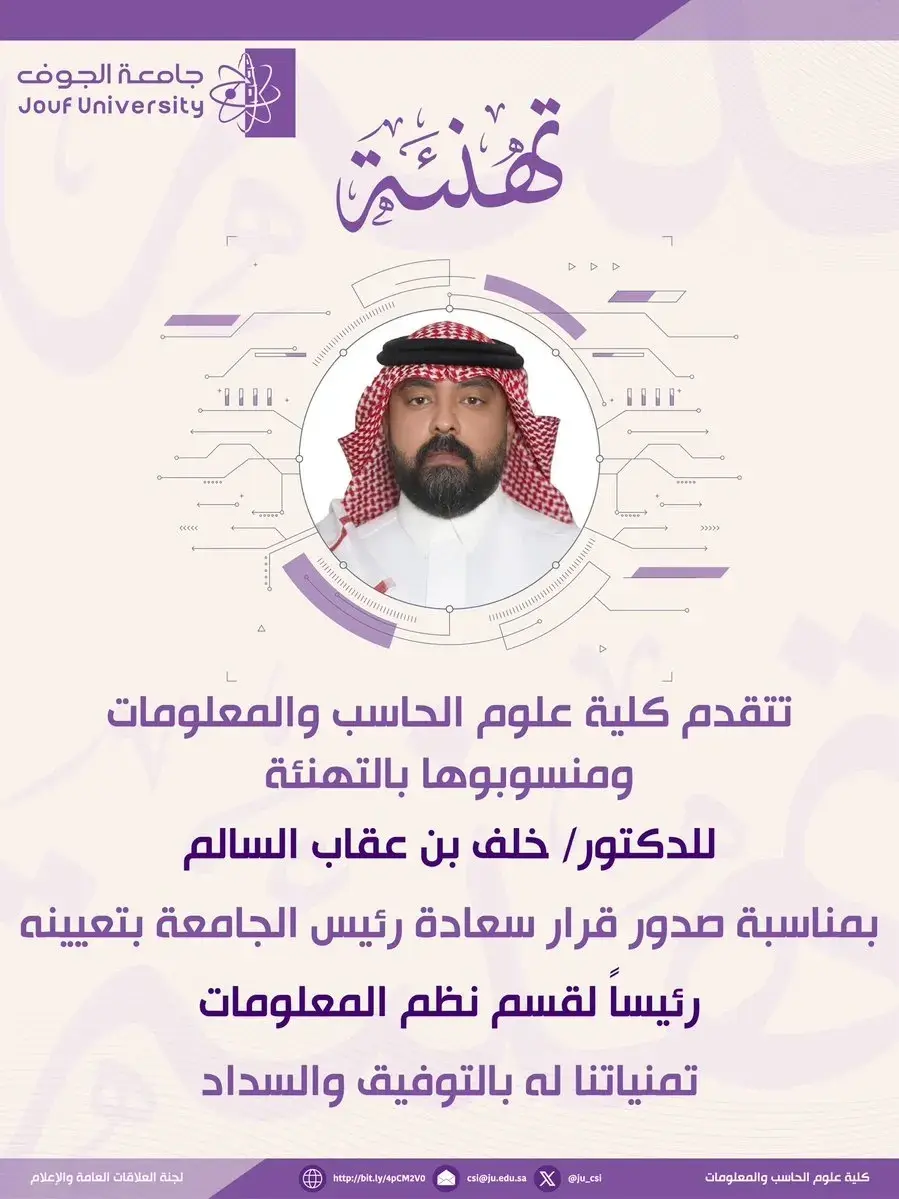 تهنئة كلية علوم الحاسب والمعلومات للدكتور خلف بن عقاب السالم بمناسبة تعيينه رئيسًا لقسم نظم المعلومات