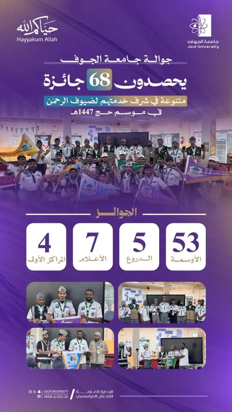 صورة لحصول جوالة جامعة الجوف على جوائز في موسم حج 1447هـ