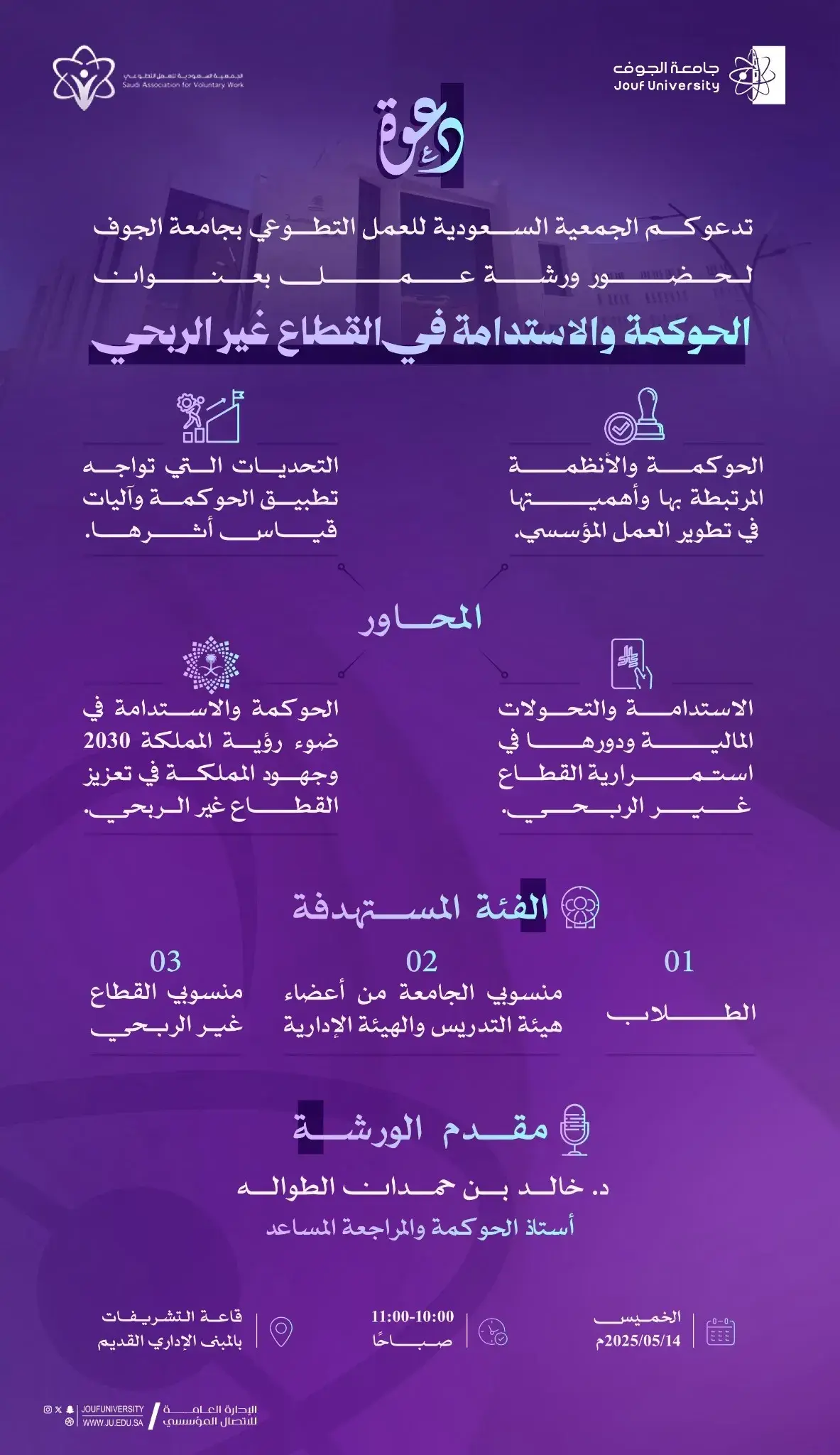 الجمعية السعودية للعمل التطوعي بجامعة الجوف تنظم ورشة عمل حول الحوكمة والاستدامة في القطاع غير الربحي
