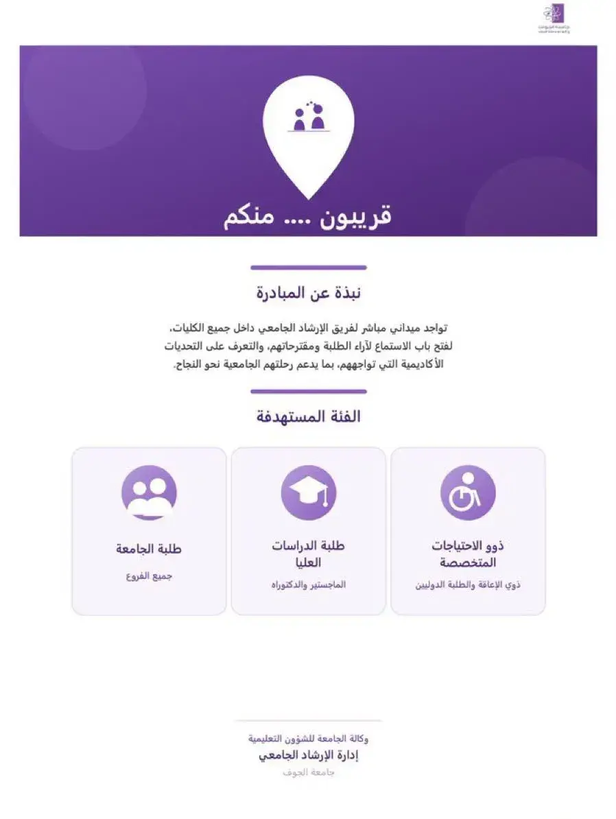 إعلان مبادرة «قريبون منكم» بجامعة الجوف، يوضح الدعم الإرشادي الميداني داخل الكليات والفئات المستهدفة من الطلبة.