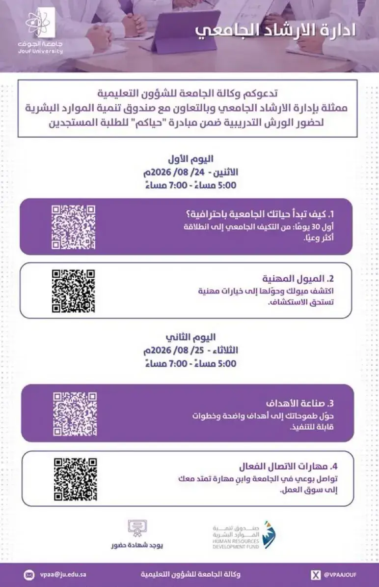 إعلان ورش مبادرة «حياكم» للطلبة المستجدين بجامعة الجوف، يوضح عناوين الورش ومواعيدها يومي 24 و25 أغسطس 2026م ورموز التسجيل.