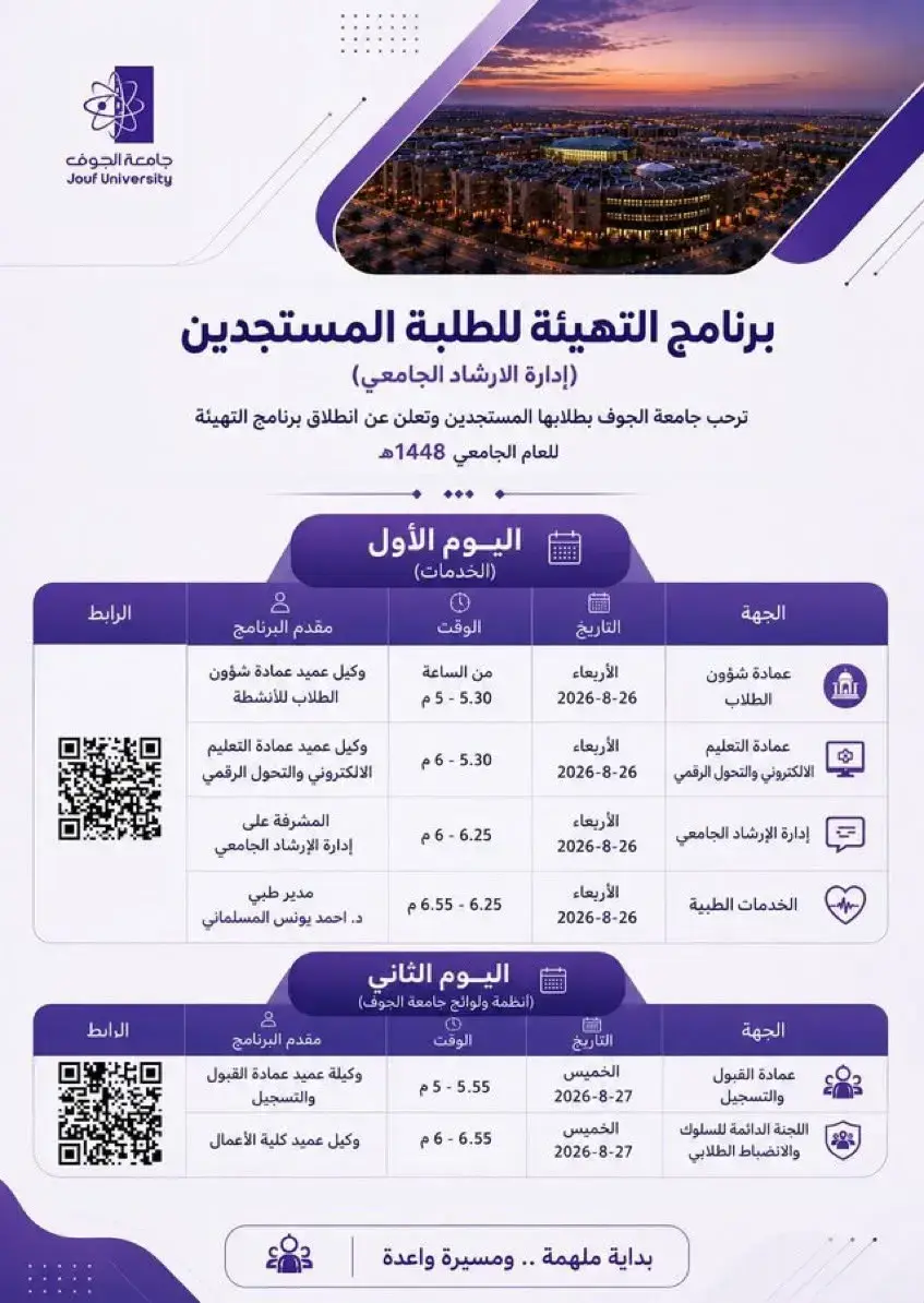 جدول برنامج تهيئة الطلبة المستجدين بجامعة الجوف لعام 1448هـ، موضحًا الجهات المشاركة ومواعيد لقاءات 26 و27 أغسطس 2026م.