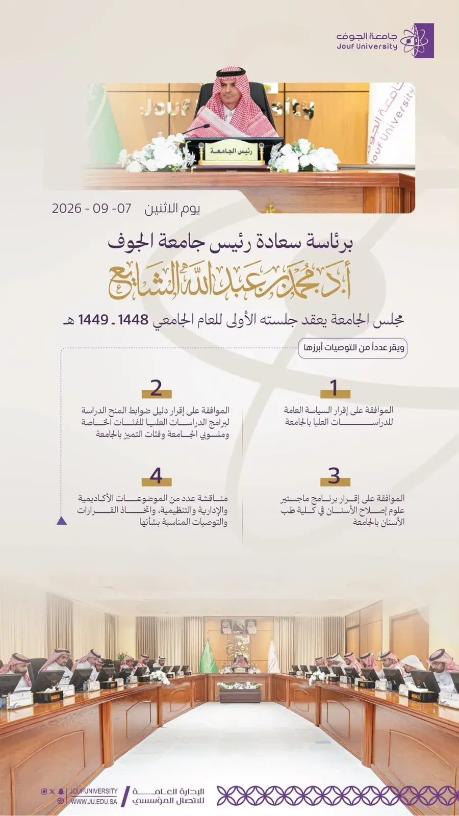 مجلس جامعة الجوف يعتمد السياسة العامة للدراسات العليا ودليل ضوابط المنح الدراسية