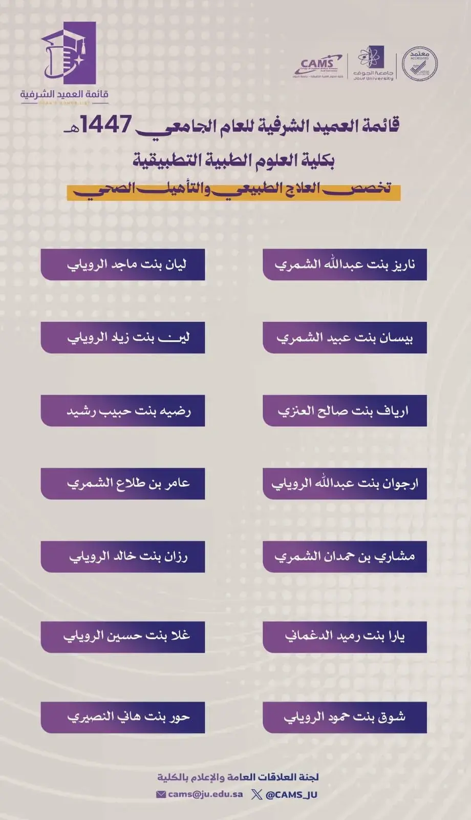 Dean of the College of Applied Medical Sciences Congratulates Distinguished Students on the 'Dean's Honor List' for 1447 AH